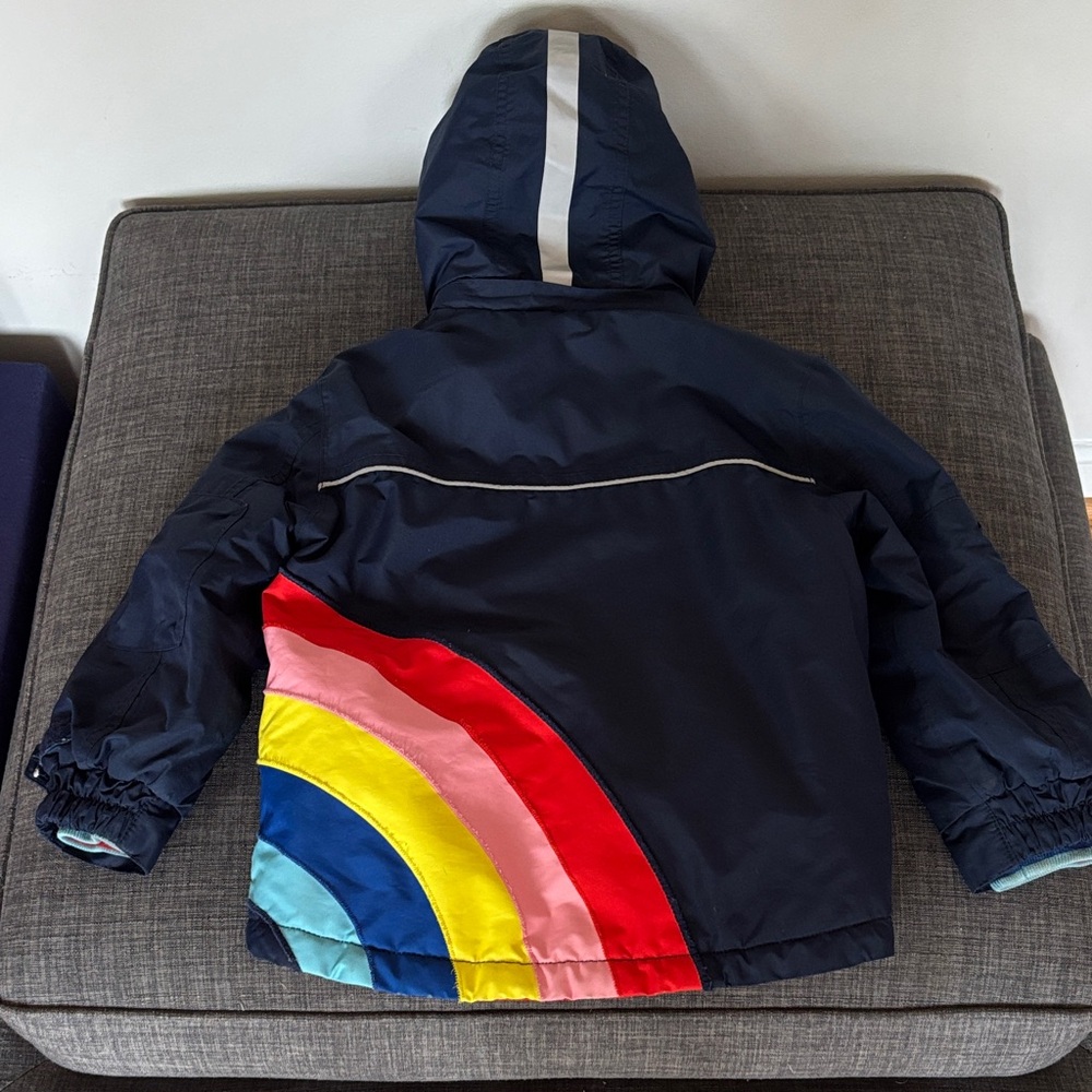 Mini Boden Fleeced Lined Hooded Navy Blue Jacket w/ rainbow design Size 3-4Y